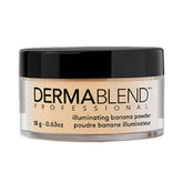Dermablend Illuminating Banana Powder jar shows universal shade and luminous finish for all skin tones.