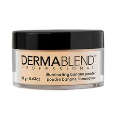 Dermablend Illuminating Banana Powder jar shows universal shade and luminous finish for all skin tones.