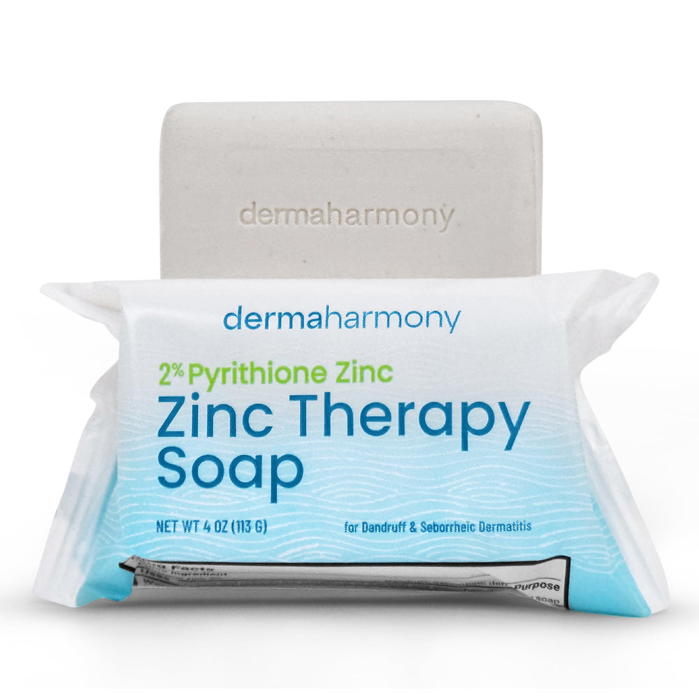 DermaHarmony Jabón zinc piritiona, vista frontal de la barra para piel sensible.