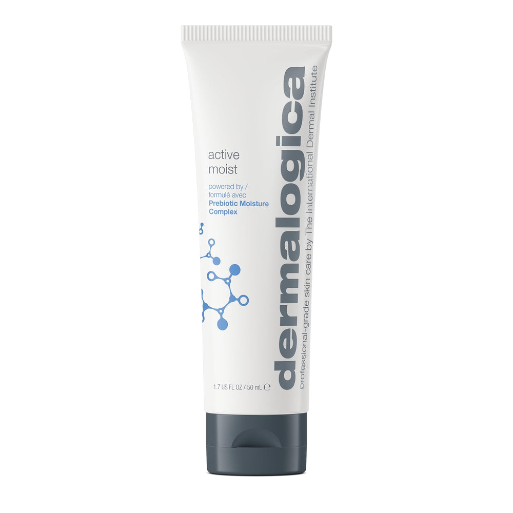 Dermalogica Active Moist bottle close-up showing oil-free hydration for all skin types.