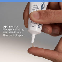 Dermalogica Awaken Peptide Eye Gel tube highlights Palmitoyl Tetrapeptide blend for firmer feel.