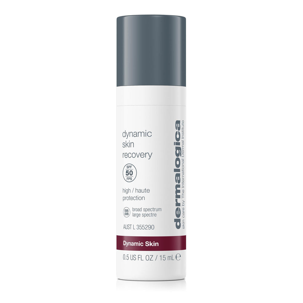Dermalogica Dynamic Skin Recovery SPF50 bottle closeup highlights lightweight daily sun protection