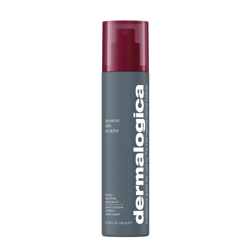 Dermalogica Dynamic Skin Sculptor bottle with pump shows premium body serum for firming.