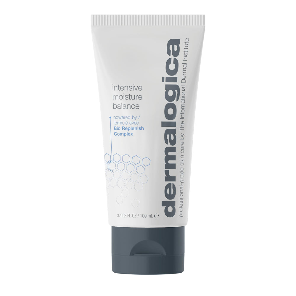 Dermalogica Intensive Moisture Balance bottle pour showing rich hydration for dry skin.