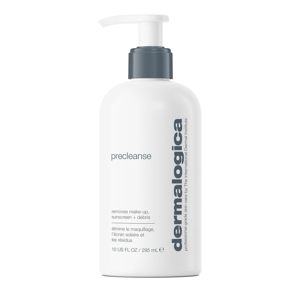 Dermalogica PreCleanse bottle shown for gentle makeup removal.