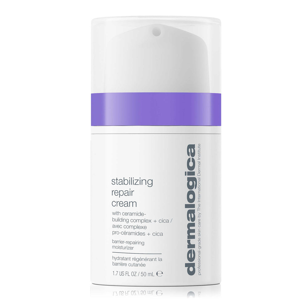 Dermalogica Stabilizing Repair Cream jar close-up, soothing sensitive skin on contact.