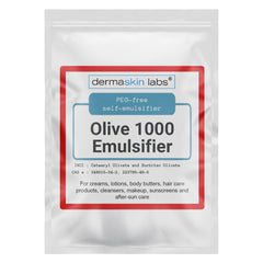 Dermaskin Labs Olive 1000 Emulsifier bottle demonstrates a clean, plant-based formula for stable emulsions.