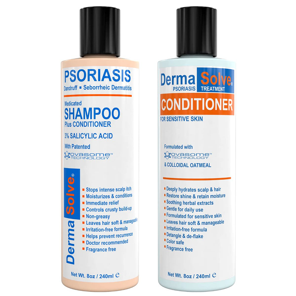 Dermasolve shampoo bottle pour demonstrates gentle cleansing for scalp comfort.