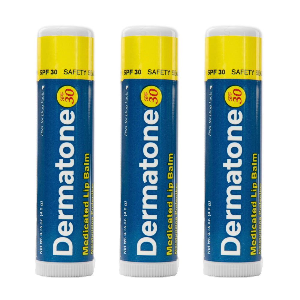 Dermatone Original bálsamo labial SPF30 en envase de 3 paquetes.