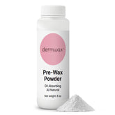 Dermwax pre-wax powder 8oz bottle close-up for talc-free base preparation.