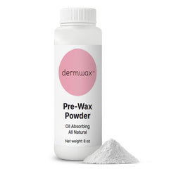 Dermwax pre-wax powder 8oz bottle close-up for talc-free base preparation.