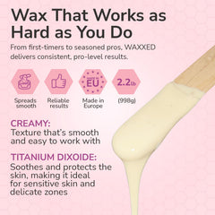 Dermwax WAXXED cream wax beads close-up shows creamy texture for even application.
