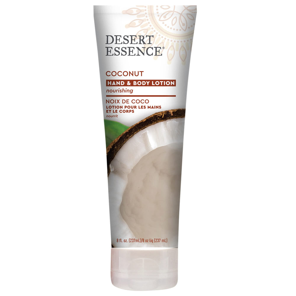 Desert Essence Loción manos coco, botella frontal para hidratación diaria.