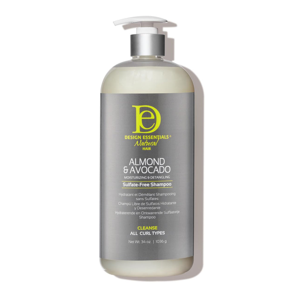 Design Essentials Almond Avocado Shampoo bottle showing hydrating cleanse for nourished curls.