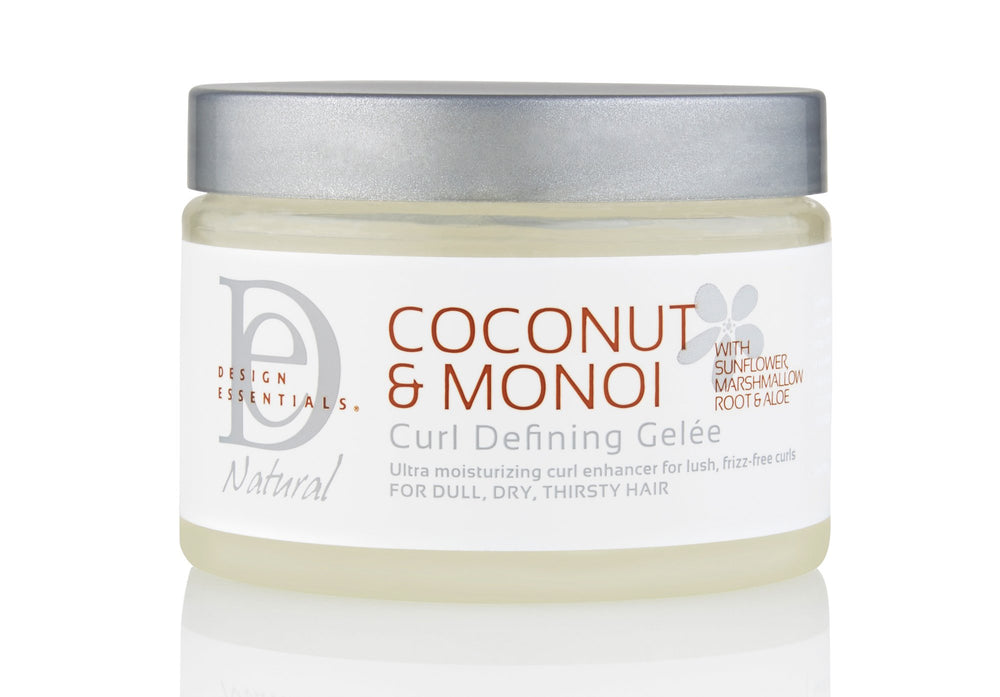 Design Essentials coconut monoi curl-defining gel bottle for defined, frizz-free curls.