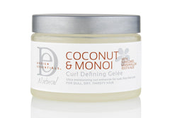 Design Essentials coconut monoi curl-defining gel bottle for defined, frizz-free curls.