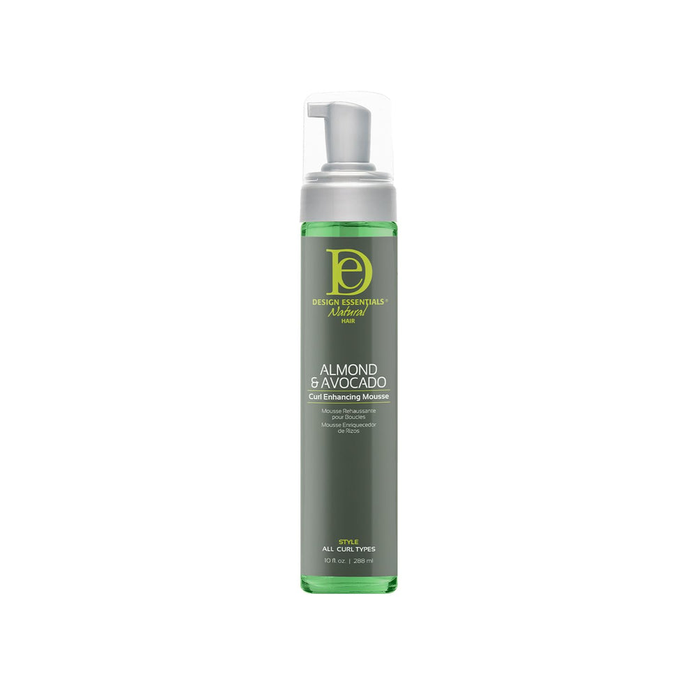 Design Essentials Curl Enhancing Mousse 10oz bottle close-up showing defined curls and shine