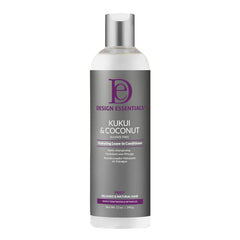 Acondicionador sin enjuague Design Essentials Kukui & Coconut, botella derramando, hidratación intensa para cabello seco.