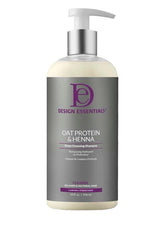 Design Essentials oat protein henna bottle close-up for gentle cleansing and buildup removal