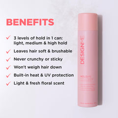 Design.Me Hold.Me light hold spray helps tame flyaways with a soft finish.