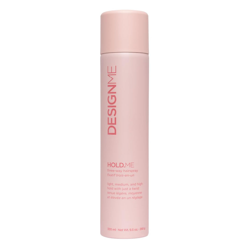 Design.Me Hold.Me three-way hairspray bottle showing versatile hold options for styling.