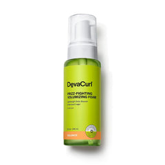 DevaCurl Frizz-Fighting Volumizing Foam bottle shows lightweight body and control