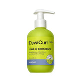 DevaCurl Leave-In Decadence Green Oasis bottle pour for instant hydration and shine.