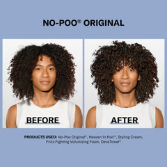 Devacurl No-Poo Original rose fragrance close-up signaling moisture for curls.