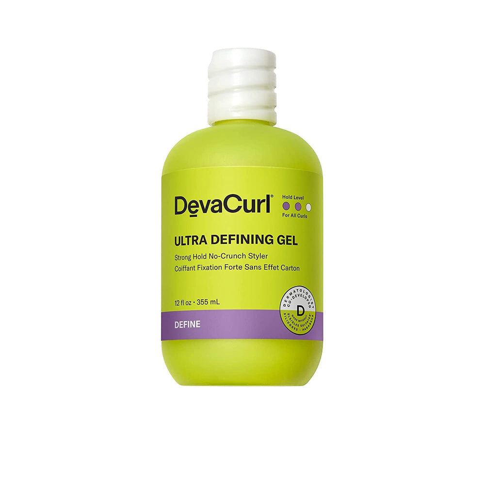 DevaCurl Ultra Defining Gel Bright Breeze bottle shows bold hold and glossy finish.