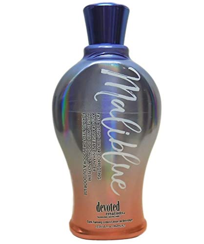 Devoted Creations Maliblue bottle demonstrates fast acting tan enhancement for radiant color and hydration.