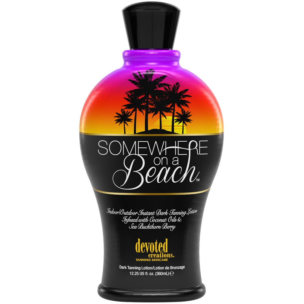 Devoted Creations Somewhere on a Beach tanning lotion bottle highlights sun-kissed glow potential.