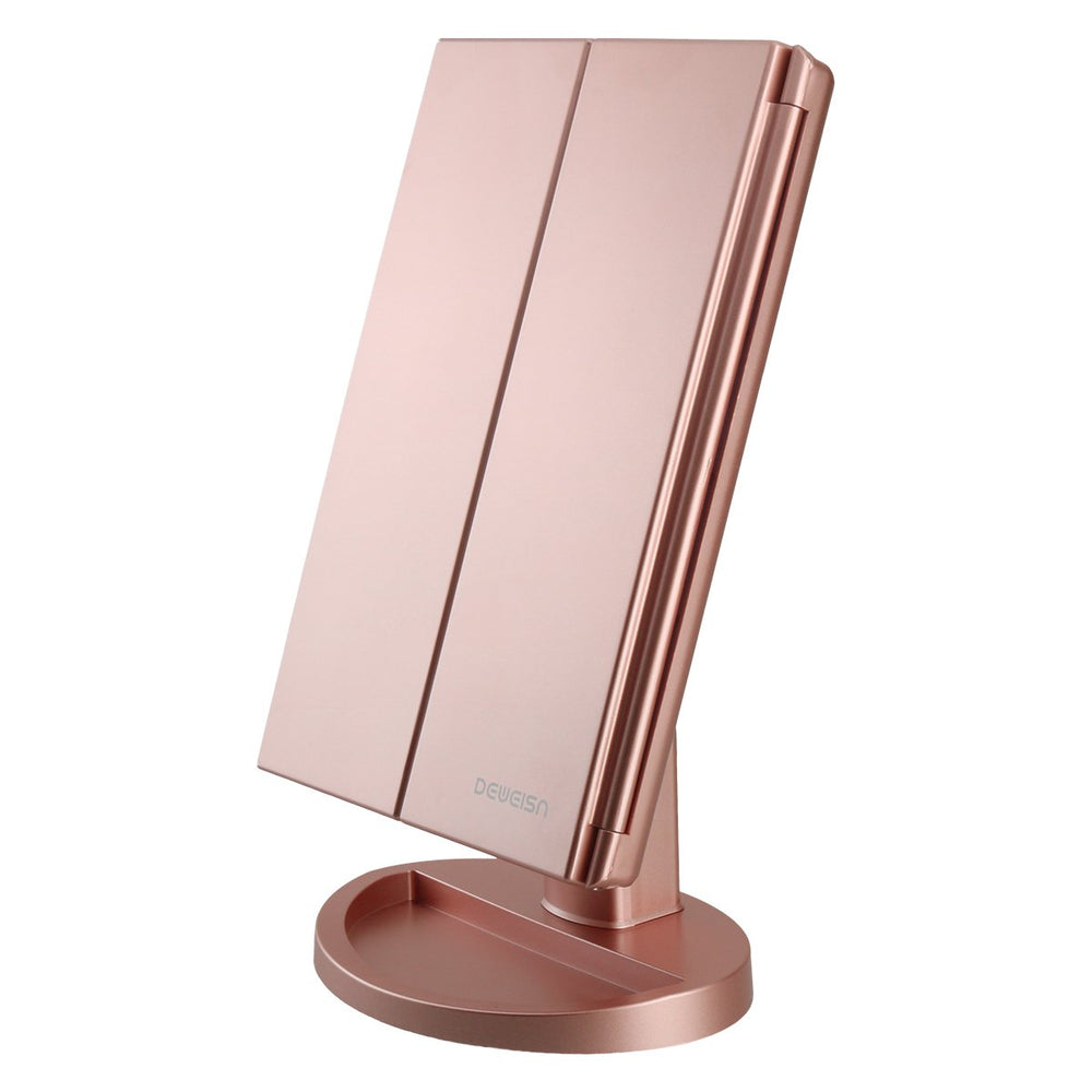 deweisn tri-fold vanity mirror front view with bright LEDs for makeup sessions