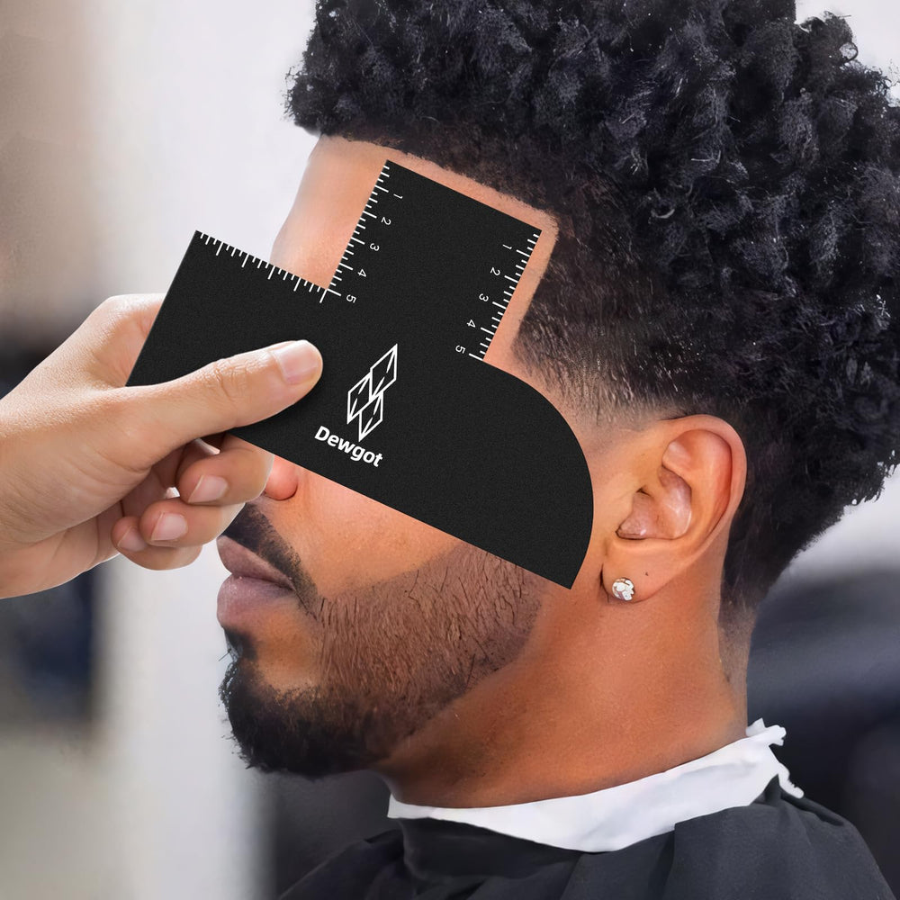 Dewgot enhancement card with measurement indicators for precise barber hairline shaping.