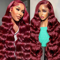 DGVATF Burgundy wig 30-inch front view with smooth body wave for everyday style.