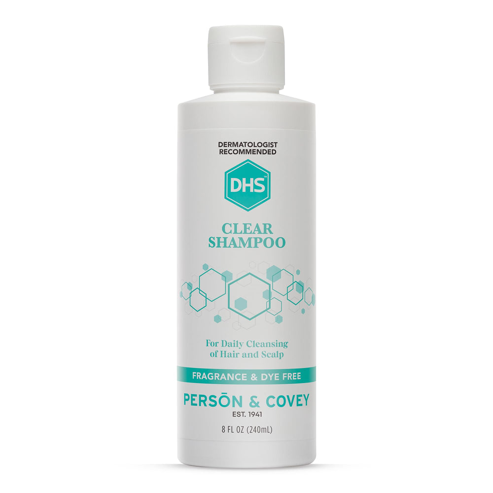 DHS Clear Shampoo, botella de 8 onzas, limpieza suave para cuero cabelludo sensible.