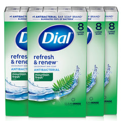 Dial antibacterial bar soap Refresh & Renew Mountain Fresh pack ready for family use.