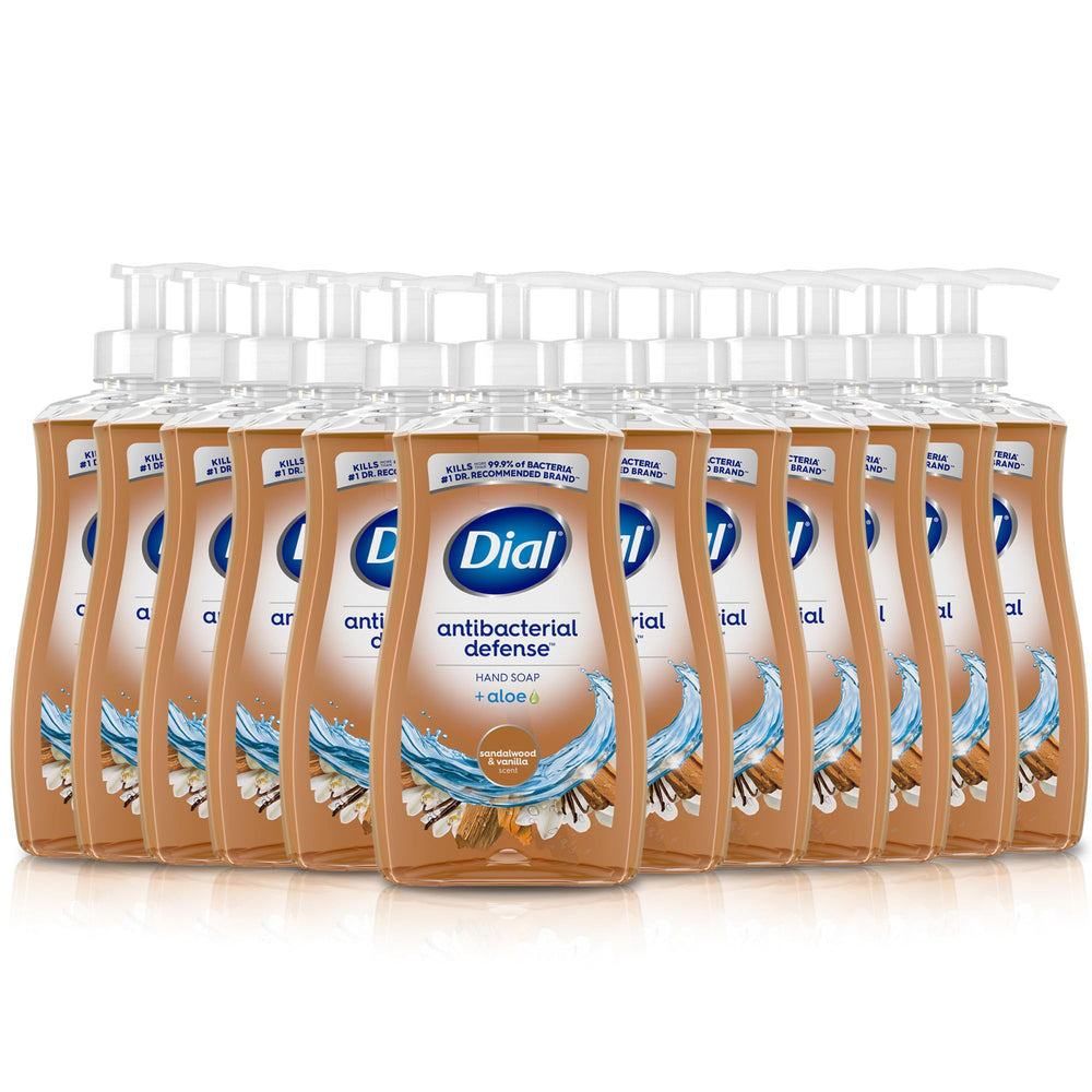 Dial Antibacterial Defense bottle-pour shows easy dispensing for busy sinks.