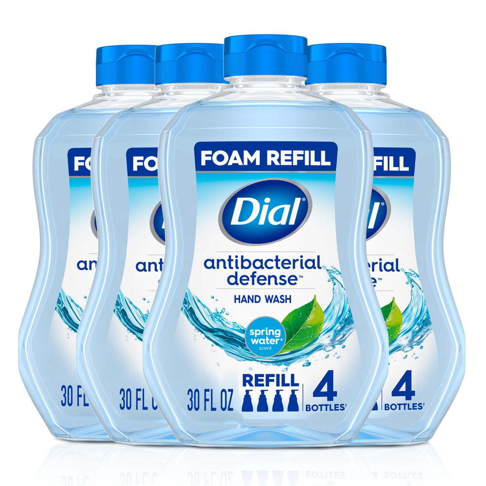 Dial Antibacterial Defense foaming hand soap bottle with Spring Water scent for daily cleansing.