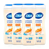 Dial exfoliar-restaurar: botella mostrando manteca de cacao y naranja para piel suave.