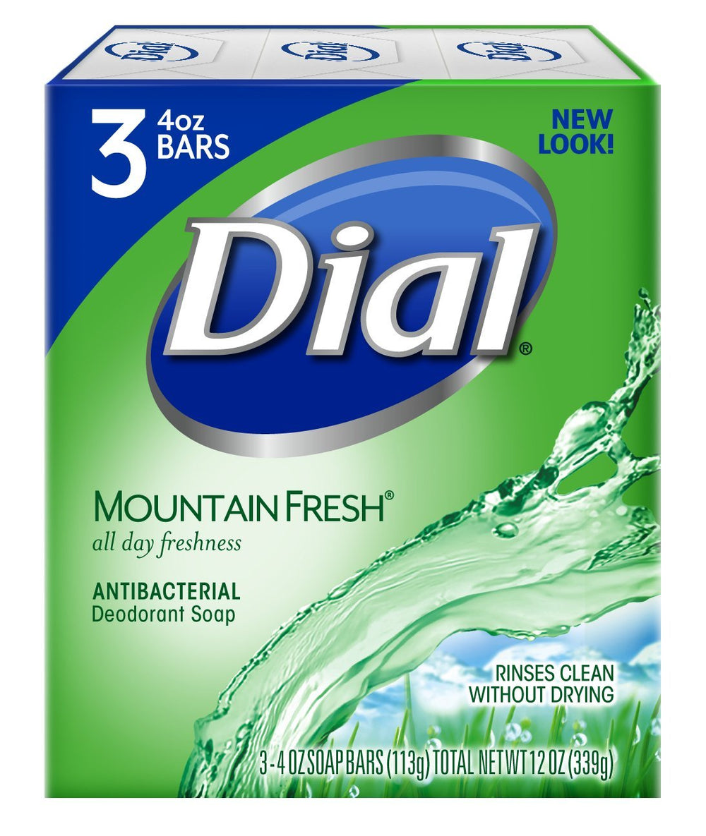 Dial jabón barra antibacteriano Montaña Fresca, frente del paquete, aroma duradero y sensación limpia.