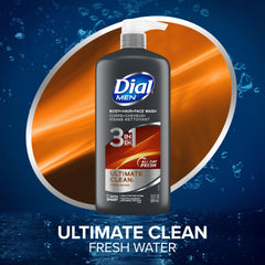 Dial Men 3-in-1 bottle back label highlights Clean Rinse Technology for residue-free cleansing.