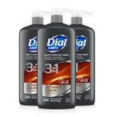 Dial Men 3-in-1 bottle front image showing all-in-one cleanser for hair, body and face.