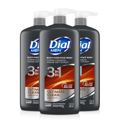Dial Men 3-in-1 bottle front image showing all-in-one cleanser for hair, body and face.