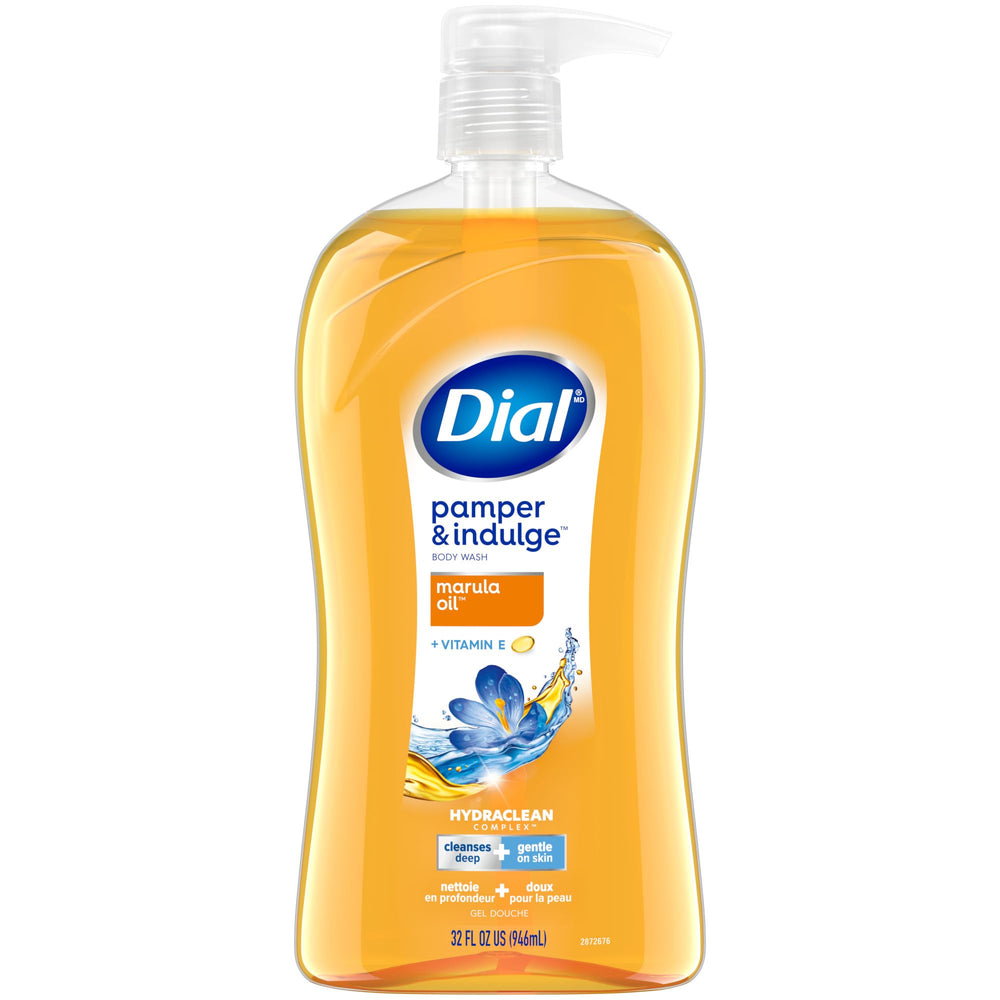 Dial Pamper & Indulge Marula Oil bottle with fruity-floral scent for gentle cleansing.