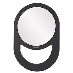 Diane hand mirror with black frame provides a full-view reflection for makeup and styling.