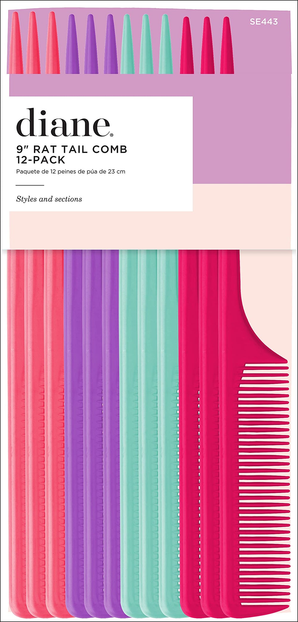 Diane rat tail comb multi-color 12-pack for precise parting and salon styling