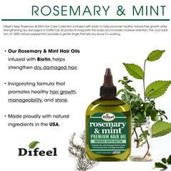 Difeel Rosemary Mint Hair Oil close-up with rosemary leaves.
