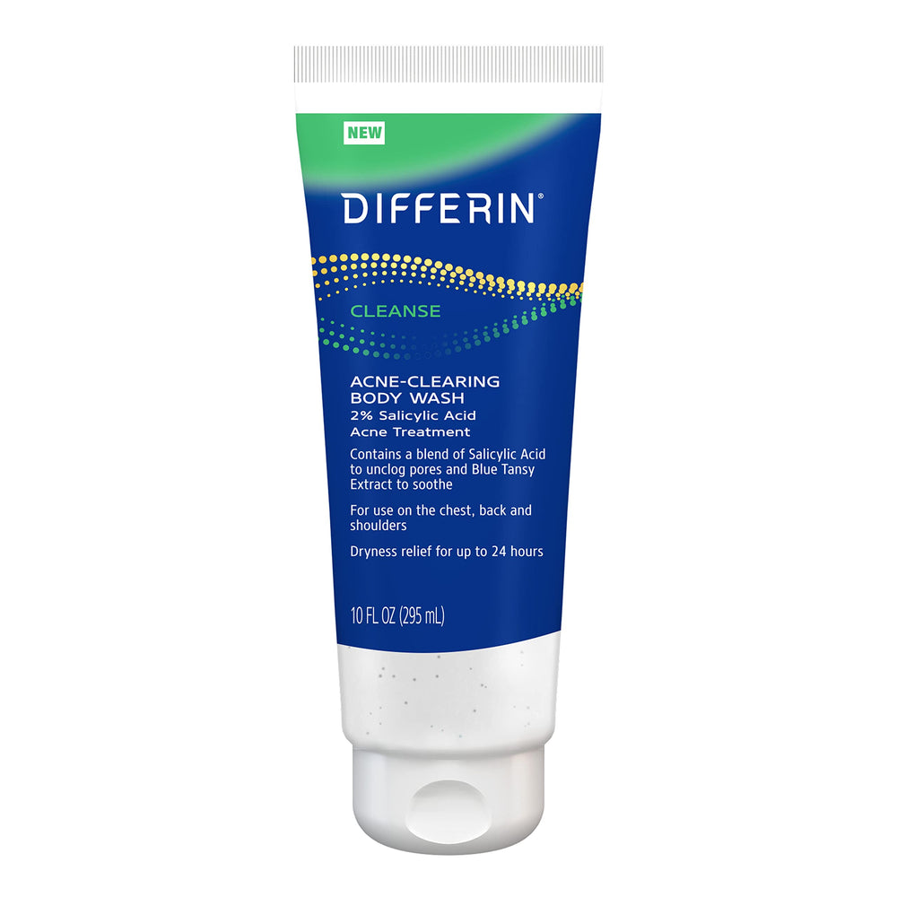 Differin limpiador corporal para el acné, botella visible y limpieza de poros.