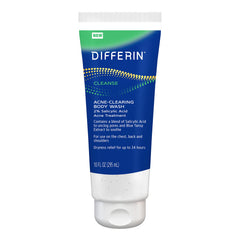 Differin limpiador corporal para el acné, botella visible y limpieza de poros.