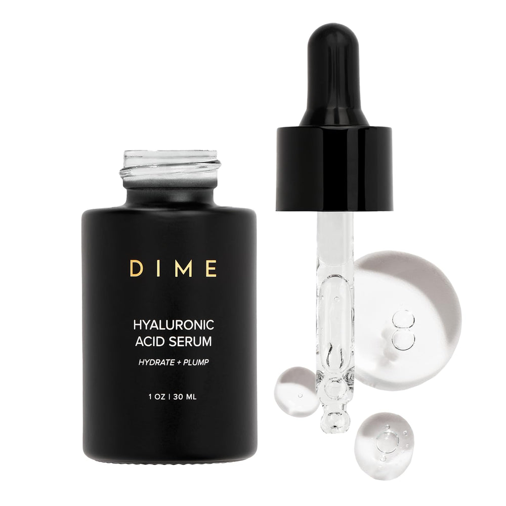 DIME Beauty hyaluronic acid serum bottle shown for daily hydration.